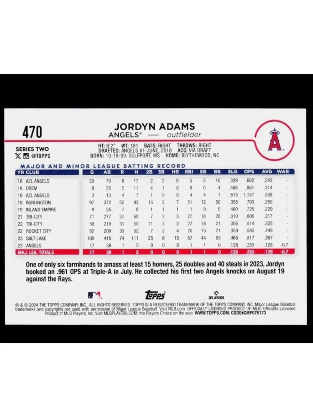 Jordyn Adams 2024 Topps #470 RC Los Angeles Angels Nationals [COPY]